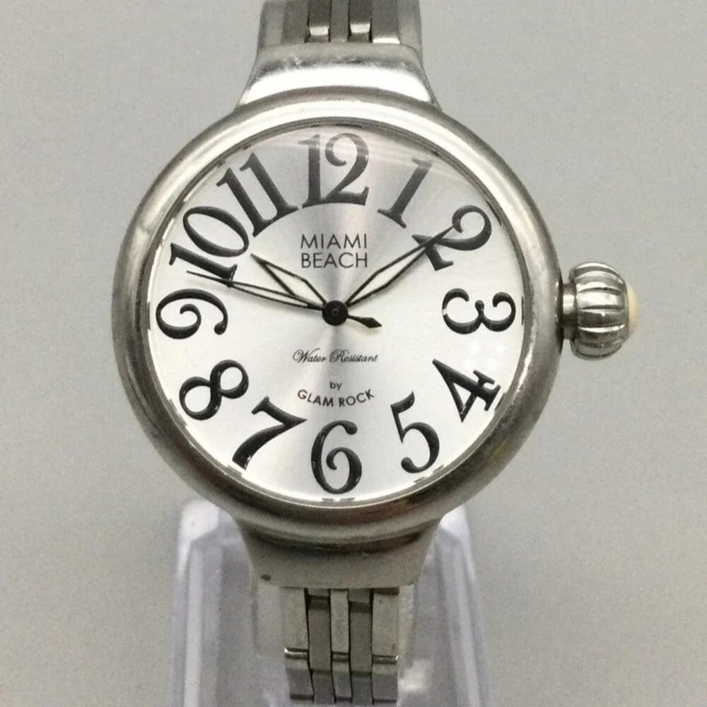 Miami Beach Womens Watch 35mm Silver Tone Stainless Glam Rock New Battery 6.5